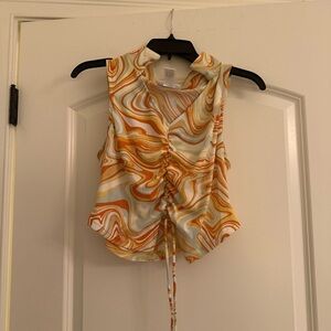Vibrant Orange and Gold Sleeveless Ruched Tank Top